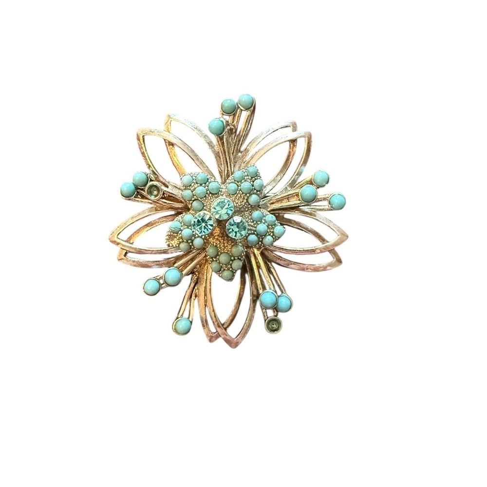 Elegant Vintage Atomic Turquoise Seed Bead And Rhinestone Brooch